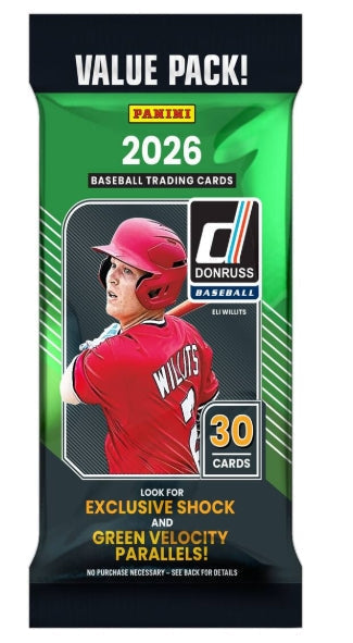 Panini 2026 Donruss Baseball trading cards value pack with 30 cards featuring Eli Willits.