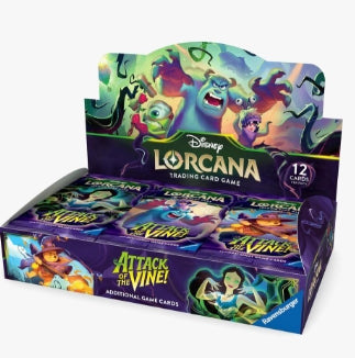 Disney Lorcana Attack of the Vine trading card game booster packs in a display box.