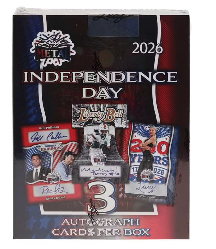 2026 Leaf Metal Independence Day trading card box featuring autograph cards.