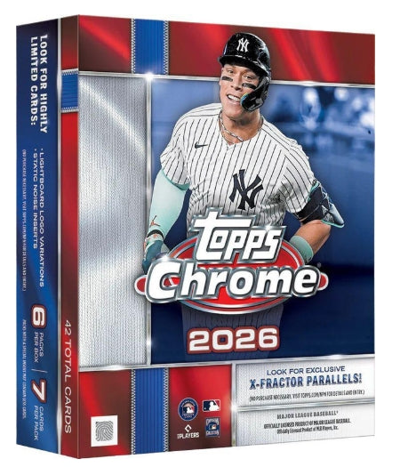 Topps Chrome 2026 Major League Baseball trading card box featuring a New York Yankees player.