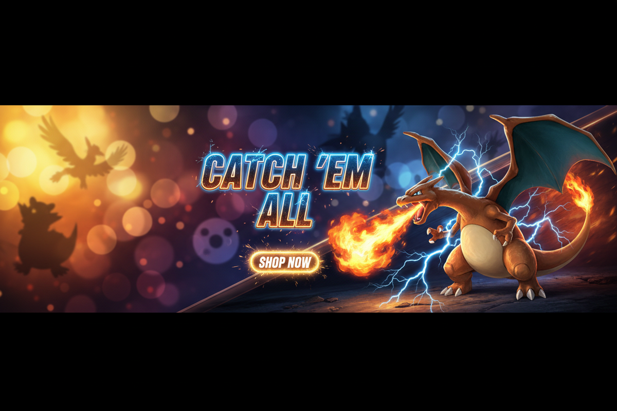 Charizard breathing fire with electric bolts and 'Catch 'Em All' text for trading card collectibles.