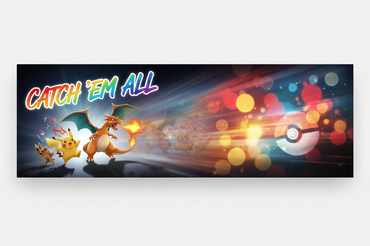 Colorful Pokémon banner featuring Pikachu, Charizard, and a Poké Ball with 'CATCH 'EM ALL' text.
